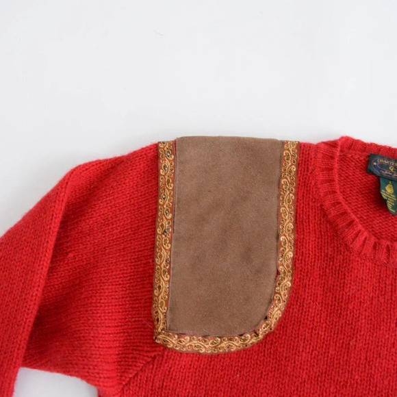 Vintage Charter Club  Red 100% Wool w/ Suede Patch Knit Crewneck Sweater L - Picture 10 of 12